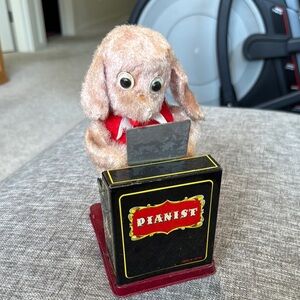 Jolly Pianist Dog Tin Japan Nomura Tan and Red Small Pet Toy